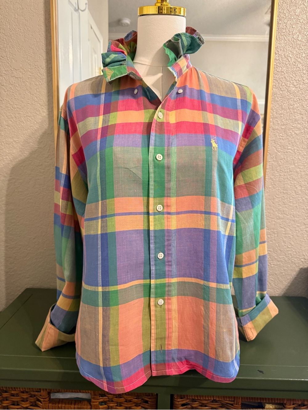 Ralph Lauren Ruffle Collar Pastel Multi-Color Plaid Button-Down Shirt - Picture 2 of 9